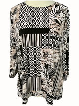 Chicos ladies quarter sleeve black floral geometric stretch tunic top Medium/8 - £26.43 GBP