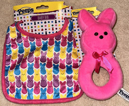 Pink Easter Baby Bib Multi Colored Bunnies &amp; Plush Bunny Baby Rattle NEW Soft - £22.37 GBP