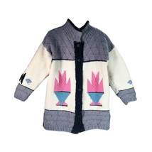 Vintage Large Cardigan Sweater Southwest Design Diamond Grey Pink 60s 70s Pastel - £37.95 GBP