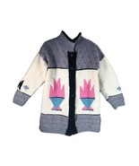 Vintage Large Cardigan Sweater Southwest Design Diamond Grey Pink 60s 70... - £38.03 GBP