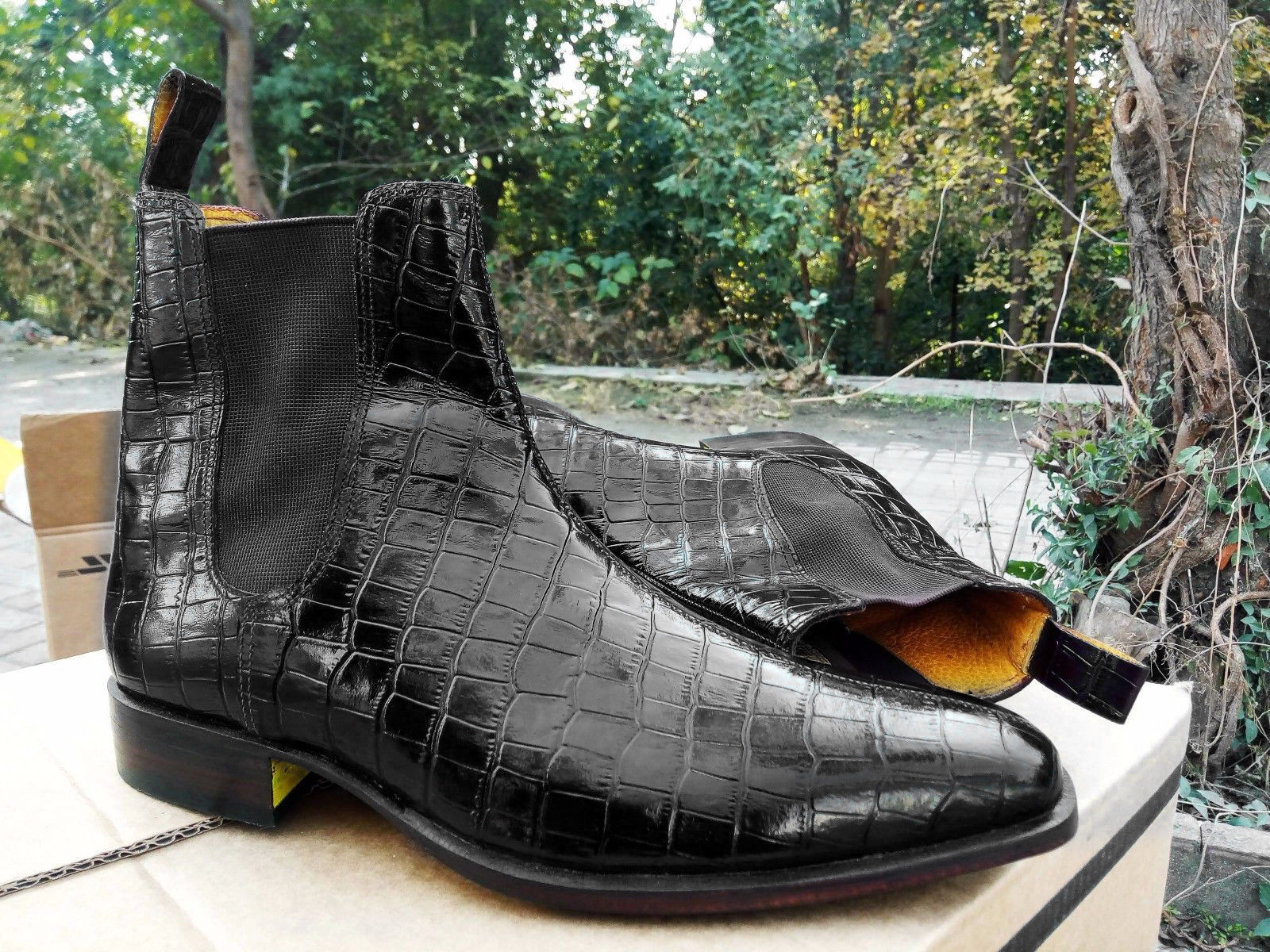 New Handmade Men's Fashion Black Leather and Suede Chelsea Ankle Boots Casual B