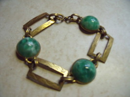 Vintage Golden Link Bracelet with Cabochon Set Green stones - £83.73 GBP