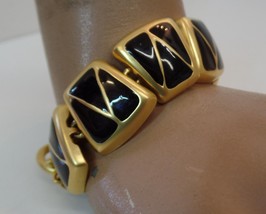 Unbranded Vintage Goldtone &amp; Black Enamel Bracelet W Toggle Closure 7&quot; Wrist - £15.51 GBP