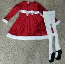 Girls Dress &amp; Tights Christmas Santa Outfit Holiday Red White 2 Pc Set-sz 5/6 - £18.15 GBP