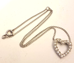 Sarah Coventry Sweet Heart Necklace Rhinestone 16&quot; Silvertone Chain VTG PENDANT - £15.72 GBP