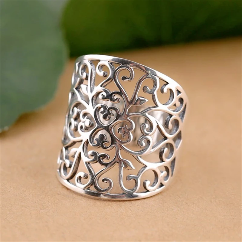 Drop Shipping Big Wide Surface Hollow Flowers Vintage Open Rings 925 Sterling Si - £11.79 GBP