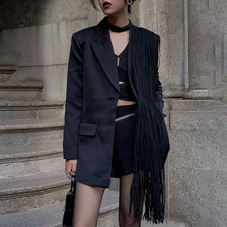 GetSpring Women Blazer Tassel Single Breasted Full Sleeve Black Suit Coat Vintag - £200.48 GBP