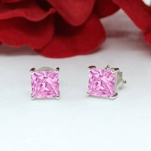 2 Ct Princess Cut CZ Pink Sapphire Stud Earrings 14K White Gold Finish - £61.03 GBP