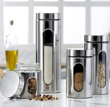 Quality 4pc Stainless Steel Canister Set for Kitchen Counter with Glass Window &amp; - £31.93 GBP