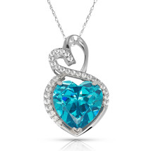 4.20 Carat Halo Blue Topaz Double Heart Gemstone Pendant & Necklace14K W Gold - $173.25