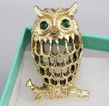Vintage Jewelery GERRY&#39;S Green Rhinestone Eyes Owl Pin Brooch.  - £11.89 GBP