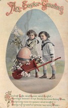 An Easter Greeting~Beautiful Victorian CHILDREN-LARGE Egg In WHEELBARROW-POSTCRD - $10.92