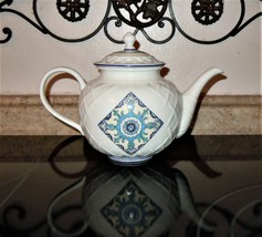 Lenox Mediterra Collection 48oz Carved Teapot Embossed Blue Medallion 2009 - £79.12 GBP