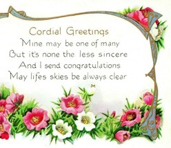 Vtg Postcard Unused 1910s Cordial Greetings Congratulations Floral Poem Embossed - £3.12 GBP