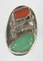 Vintage Men&#39;s Navajo Sterling Silver Turquoise &amp; Coral Ring Sz: 9.25 - £123.75 GBP