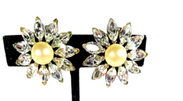 Vintage MARVELLA Silver Color Rhinestone and Faux Pearl CLIP ON Earrings,signed - £12.57 GBP