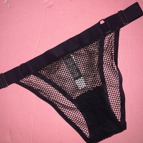 Victoria&#39;s Secret S Panty Bikini banded Gold Rings FISHNET LACE Black VE... - $29.69