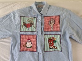 Vintage 90s Western Embroidered Christmas Denim Shirt Size 14 Large Cowboy - $39.59