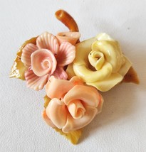 Celluloid Floral Leaf Brooch Pin  Peach Yellow Brown Vintage 1950s 2 1/4&quot; Tall - £19.73 GBP