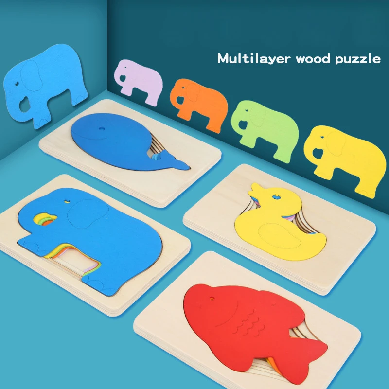 Montessori Multi-layer Wooden Jigsaw Puzzles Early Education Cartoon Animal - £10.25 GBP