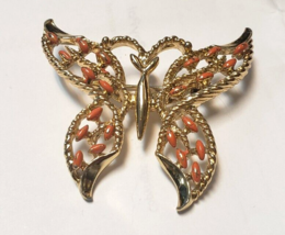 Vintage Gerry&#39;s Gold Tone Orange Enameled Openwork Butterfly Pendant Brooch Pin - £11.61 GBP