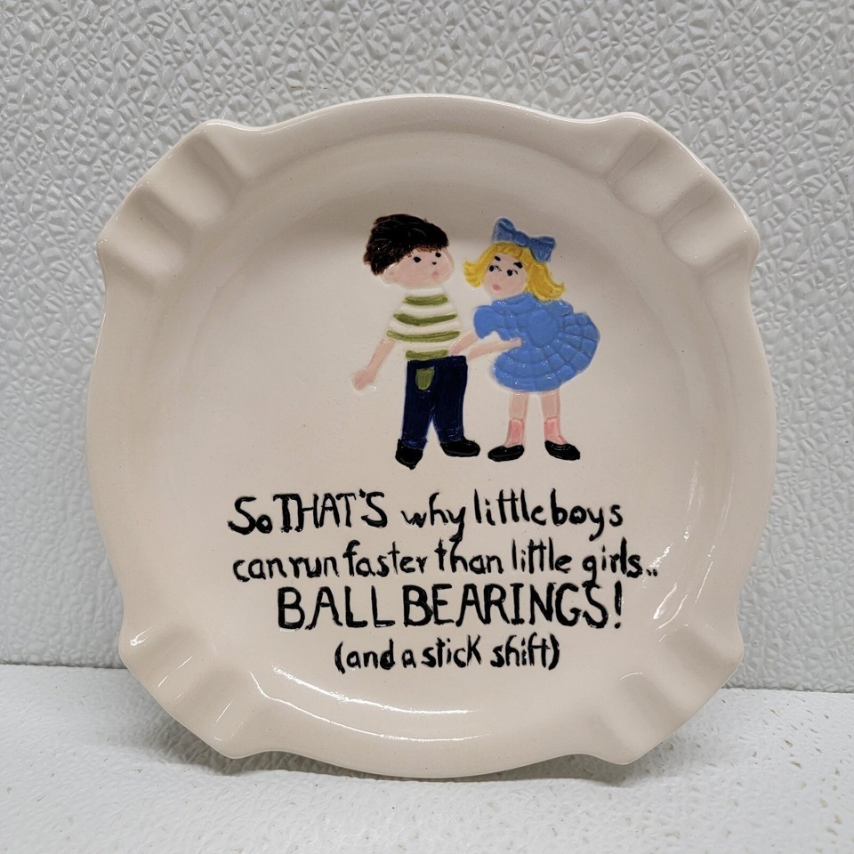 Vintage Ceramic Ashtray Boys Run Fast Stick Shift &amp; Ball Bearings Funny ... - $20.96