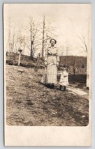 RPPC Edwardian Mother In Plaid with Sweet Child in Yard Postcard I22 - £7.19 GBP