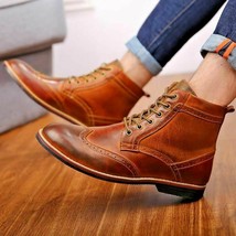 Handmade Men&#39;s Tan Ankle Wingtip Formal Casual Marching Military Boots - £122.27 GBP