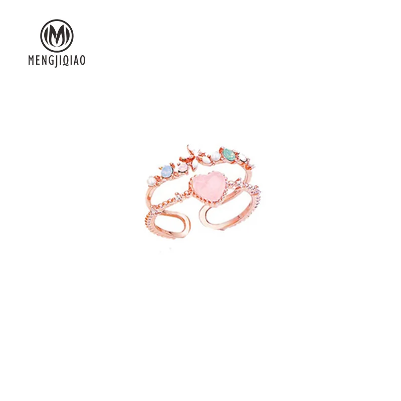 MENGJIQIAO New Korean Sweet Heart Flower Cubic Zircon Adjustable Rings For Women - £11.40 GBP