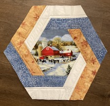 January Snowy Pasture Hexagon Quilted Table Topper - Red Barn Serenity - $25.00