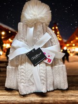 White Cable Knit Beanie &amp; Fingerless Gloves Gift Set Pom-Pom Hat Cold We... - $13.68
