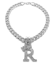Crowned Initial Letter R Crystals Pendant Silver-Tone Cuban Chain Necklace - £35.96 GBP