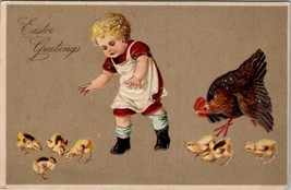 Easter Greetings Child Chasing Chicks Embossed Series 741 Postcard V1 - £3.16 GBP