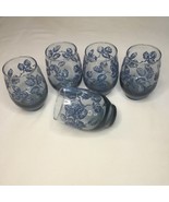 5 LIBBEY  10 oz. DRINK TUMBLERS, RUBBER TEXTURE PAINTED BLUE LEAVES 1970&#39;S - $712.07 MXN