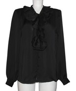 VTG CEO 4-Ruffle Front 2-Ruffle Collar Black Button-Front Poly Blouse Wm... - $34.03 CAD