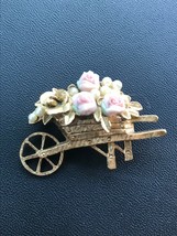 Vintage Goldtone Wheelbarrow w Pink Porcelain Roses &amp; White Faux Pearls Pin Broo - £10.46 GBP