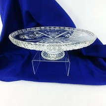 Cake Plate Pedestal Clear Pressed Glass Ridged Edge 12&quot; Round - £34.41 GBP