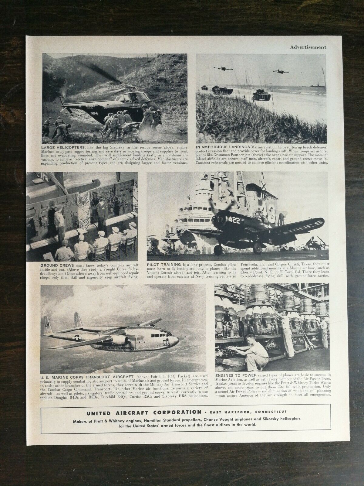 Primary image for Vintage 1952 United Aircraft Corporation U.S. Marines Full Page Original Ad 721