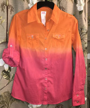 Justice Shirt Girls Sz. 8 Tie Dye Top Sequins Glitter Btns L/S 2 Pkt Pink Orange - £9.86 GBP