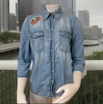 Zara Western Denim Shirt Womens S Distressed Blue Embroidered Pearl Snap... - $19.18