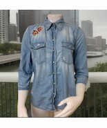Zara Western Denim Shirt Womens S Distressed Blue Embroidered Pearl Snap... - $352.71 MXN