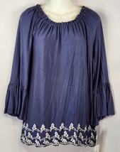 Hannah Shirt Womens Size Small Blue Boat Neck Bell Sleeve with Crochet Trim - £15.79 GBP