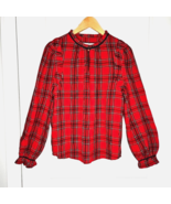 Ann Taylor LOFT Plaid Ruched Ruffle Neck Blouse S Red Tartan Tunic Velve... - $22.31