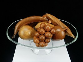 Clear Glass Oval Platter On Pedestal, w/Wooden Monkey Fruit, Elegant Centerpiece - £31.22 GBP