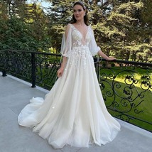 Beautiful Wedding Dresses 2022 V-Neck Long Sleeves Appliques Lace 3D Flo... - £303.52 GBP