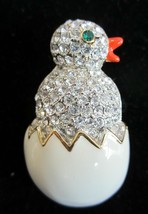 Baby Chick Pin Brooch Hatching From Easter Egg White Enamel Clear Rhinestones - £15.97 GBP
