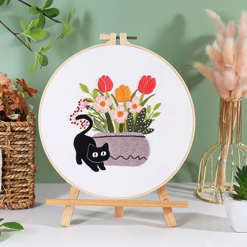 Black Cat Cross Stitch Kit with Instructions DIY Plant -without hoop C3 - €7,64 EUR