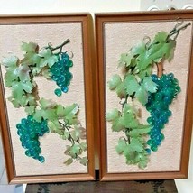 Vintage Set wall décor handmade bunches of grapes linen canvas wooden fr... - £7.74 GBP