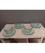 Vintage Indiana Glass Federal Madrid Recollection 4 Teal Cups &amp; 4 Saucers - $44.55
