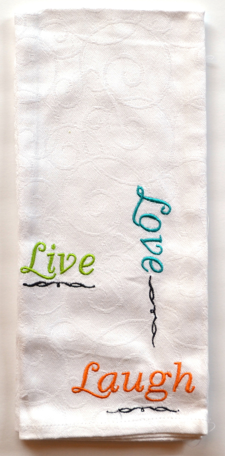 Scroll Pattern Embroidered Live Love Laugh White Kitchen or Guest Towel  - $12.00